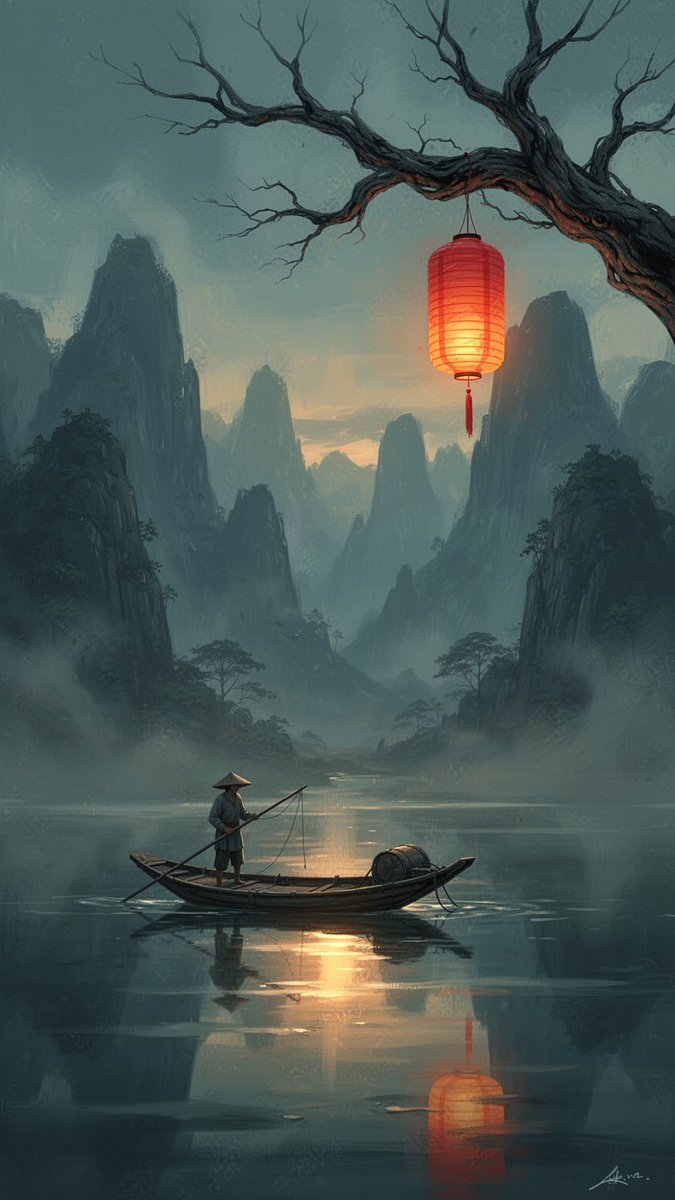 忧郁的东方神话风格黄昏风景插画：一位孤独的渔夫站在一艘小木船上，漂浮于静谧薄雾的水面上，层叠的蓝灰色山影渐渐隐入雾中，一根光秃扭曲的树枝从画面顶部拱出，悬挂着…