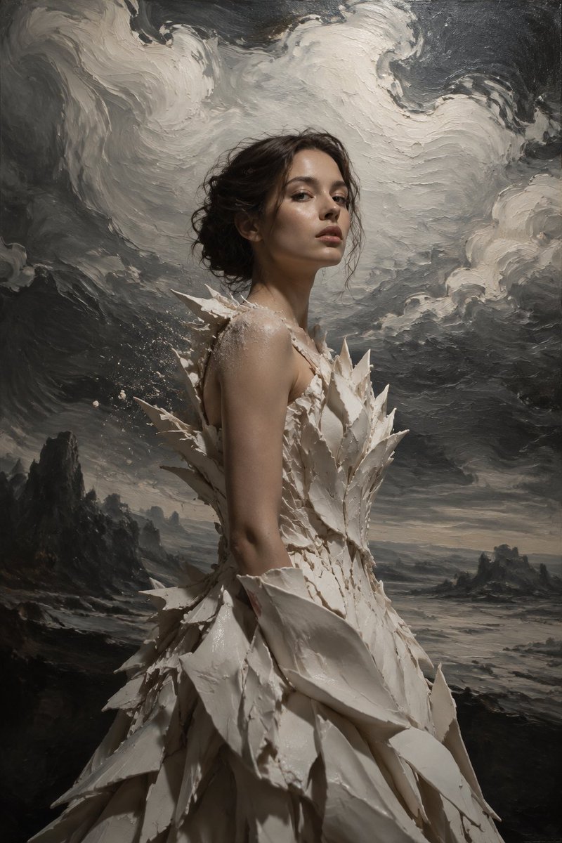 一张照片写实与油画混合风格的作品。一位女子身穿由白色瓷质尖刺塑形而成的长裙,伫立在广阔的单色天空之中;那片天空明显是一幅油画,笔触凝固在半空,仿佛天气仍带着湿…