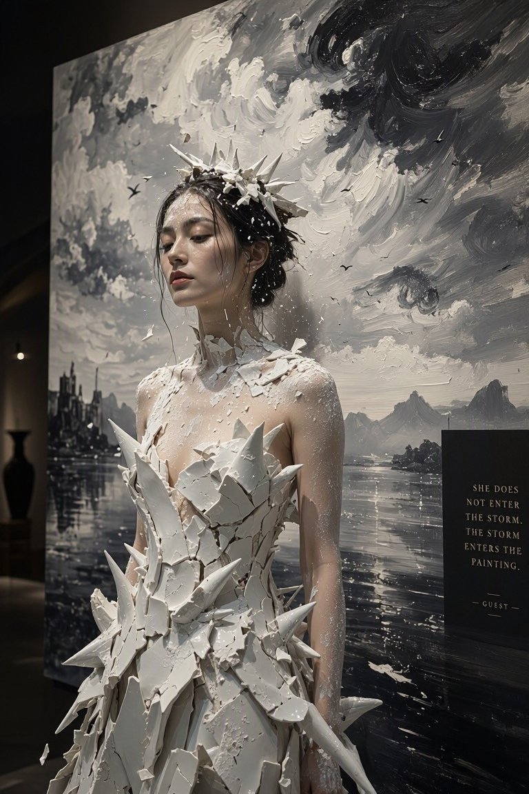 一张照片写实与油画混合风格的作品。一位女子身穿由白色瓷质尖刺塑形而成的长裙,伫立在广阔的单色天空之中;那片天空明显是一幅油画,笔触凝固在半空,仿佛天气仍带着湿润的颜料。聚光灯如美…
