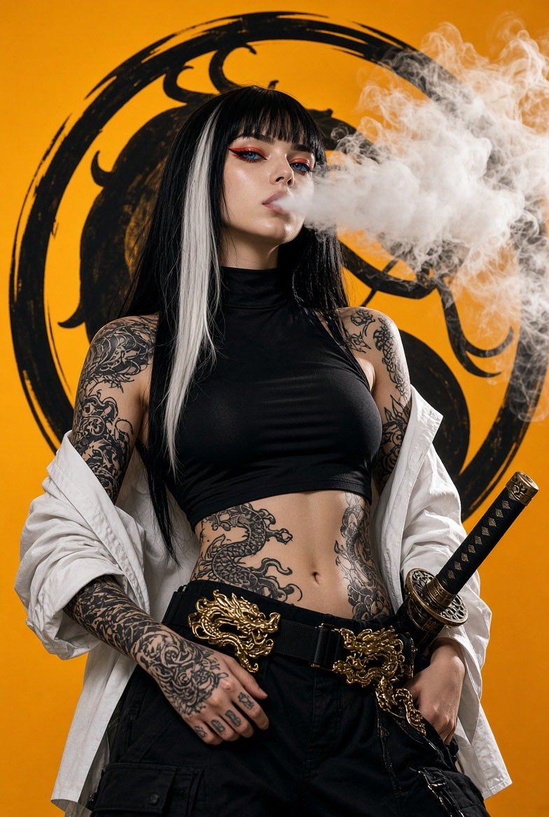 一位20岁出头的年轻女性，留着黑色长直发，一侧垂下醒目的白色发绺，齐刘海，锐利的蓝眼睛描着红眼线，皮肤苍白水润。双臂布满精致的黑色龙纹身，延伸缠绕至腰腹部。她…