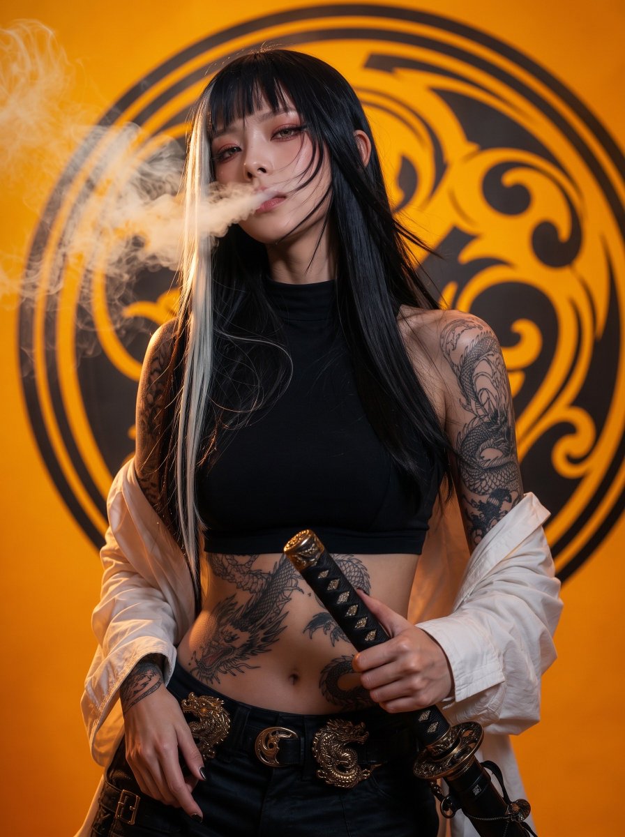 一位20岁出头的年轻女性，留着黑色长直发，一侧垂下醒目的白色发绺，齐刘海，锐利的蓝眼睛描着红眼线，皮肤苍白水润。双臂布满精致的黑色龙纹身，延伸缠绕至腰腹部。她身穿紧身黑色高领无袖…