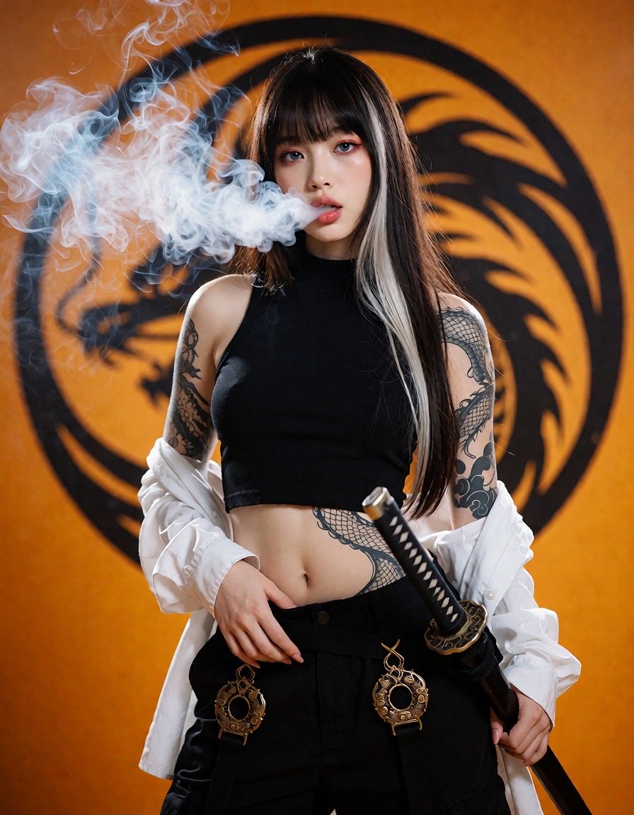 一位20岁出头的年轻女性，留着黑色长直发，一侧垂下醒目的白色发绺，齐刘海，锐利的蓝眼睛描着红眼线，皮肤苍白水润。双臂布满精致的黑色龙纹身，延伸缠绕至腰腹部。她身穿紧身黑色高领无袖…