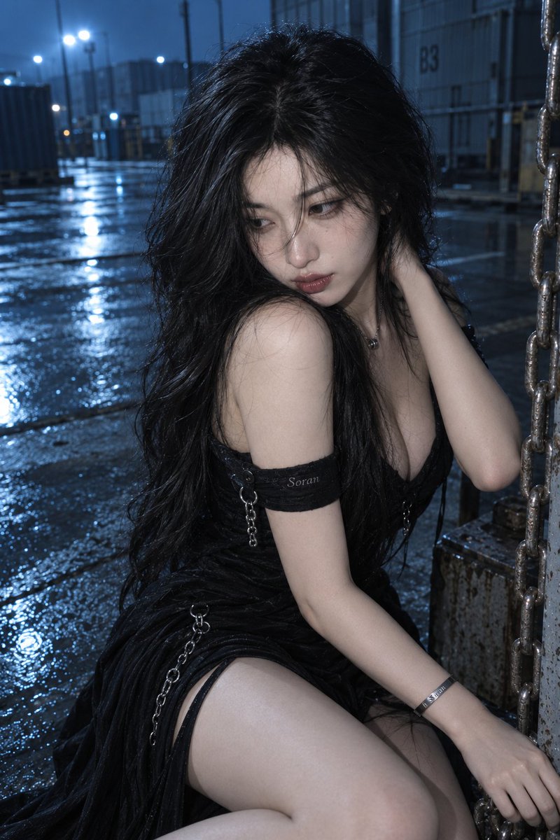 2:3 竖幅，真人写实夜间时尚人像，一名成年东亚女性极近距离靠近镜头，上半身明显向前俯压，头部微微低下，双眼从低头姿态自然向上看向镜头，一只手轻贴脸颊，另一条前臂斜横在身体前方…