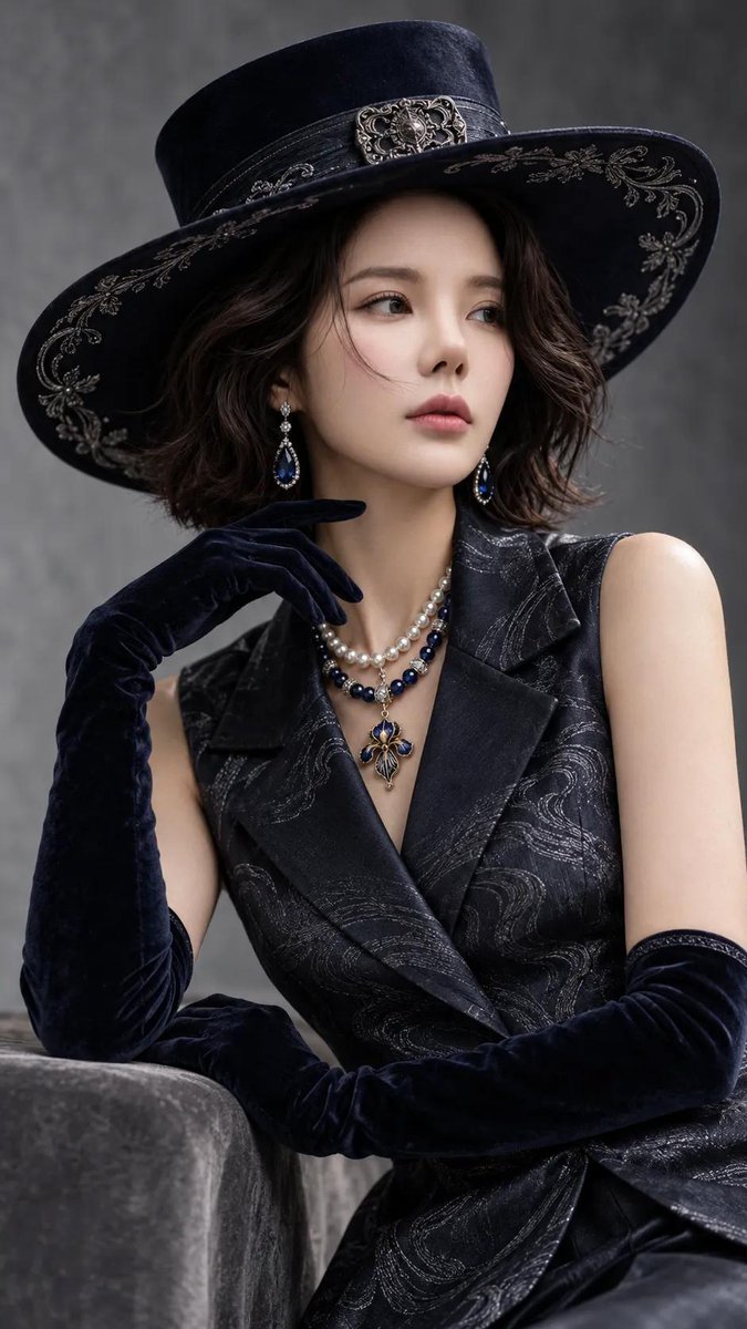 高端时尚摄影棚人像：一位优雅的东亚女性，留着波浪形深色短发，头戴一顶宽檐黑色天鹅绒高顶礼帽，帽檐饰有精致的银色刺绣，帽带配有金属复古搭扣。她身穿一件无袖定制深…