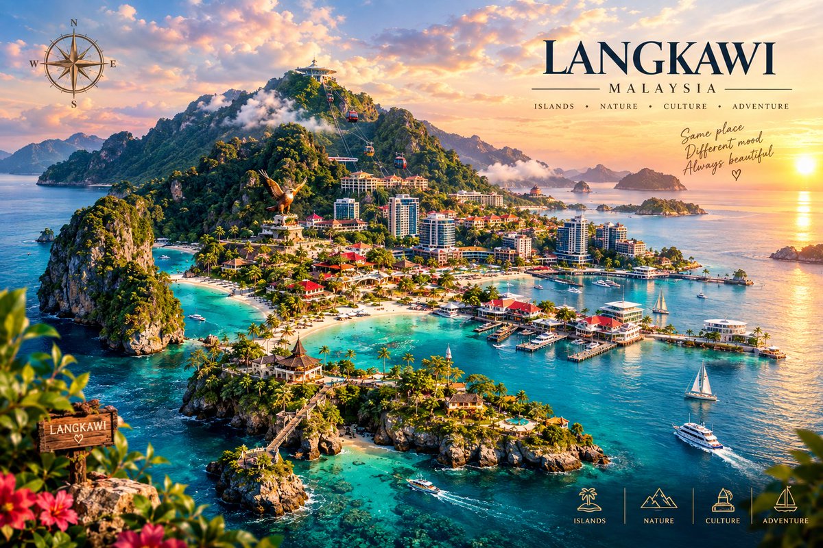 GPT IMAGE 2.5 GIF 提示词 👇 将三张所提供的旅行海报参考图转化为一张惊艳的、超高端的动画旅行目的地艺术作品,将 LANGKAWI(兰卡威)、…