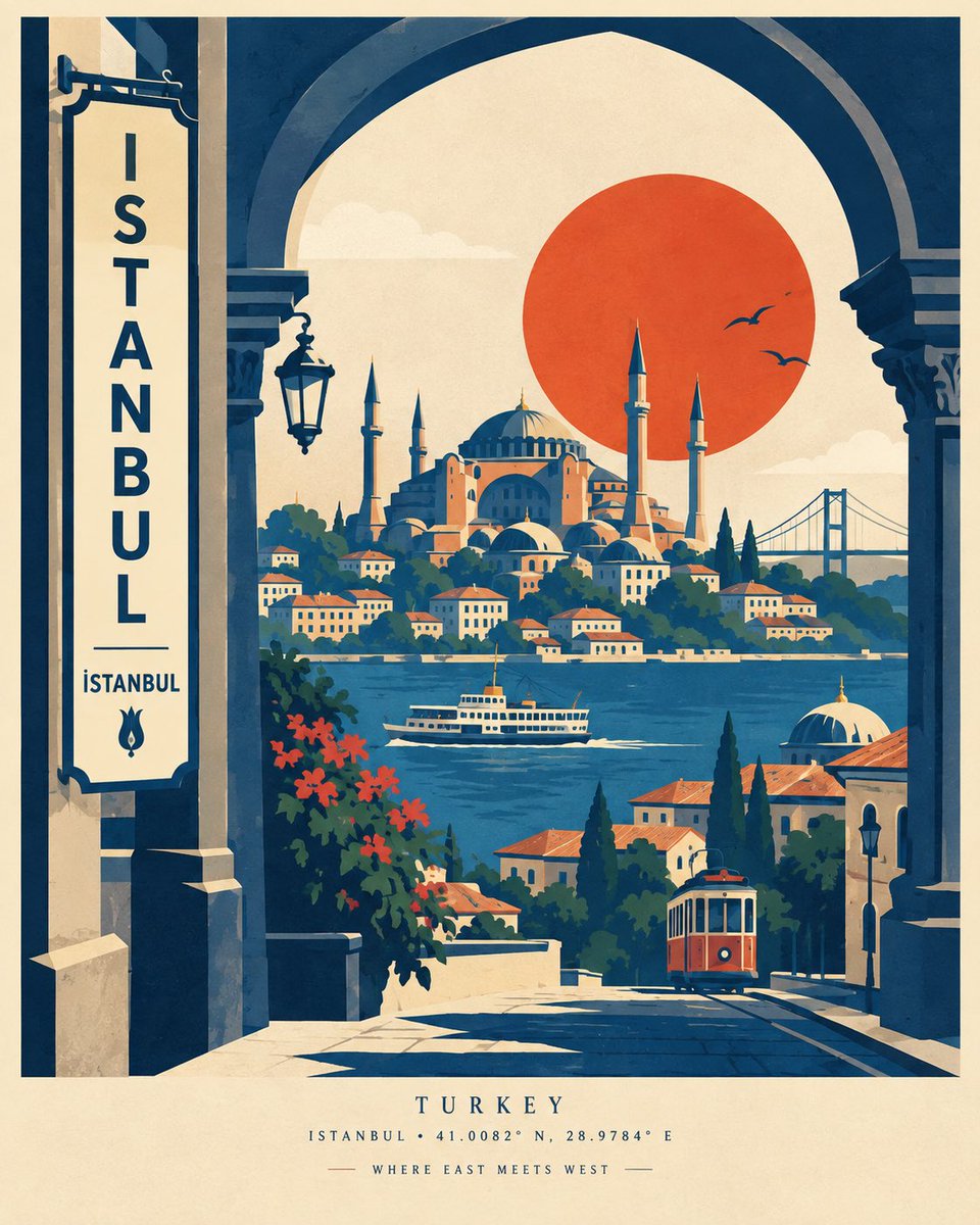 为 [CITY, COUNTRY] 创作一张高端现代的旅行海报，灵感源自大胆的复古丝网印刷风格与中世纪平面设计，但采用原创的建筑门廊式构图。 在前景放置一个大…