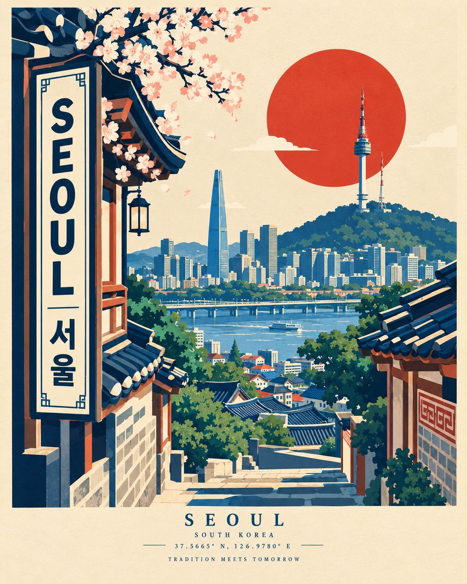 为 [CITY, COUNTRY] 创作一张高端现代的旅行海报，灵感源自大胆的复古丝网印刷风格与中世纪平面设计，但采用原创的建筑门廊式构图。 在前景放置一个大型且独特的 [LOC…