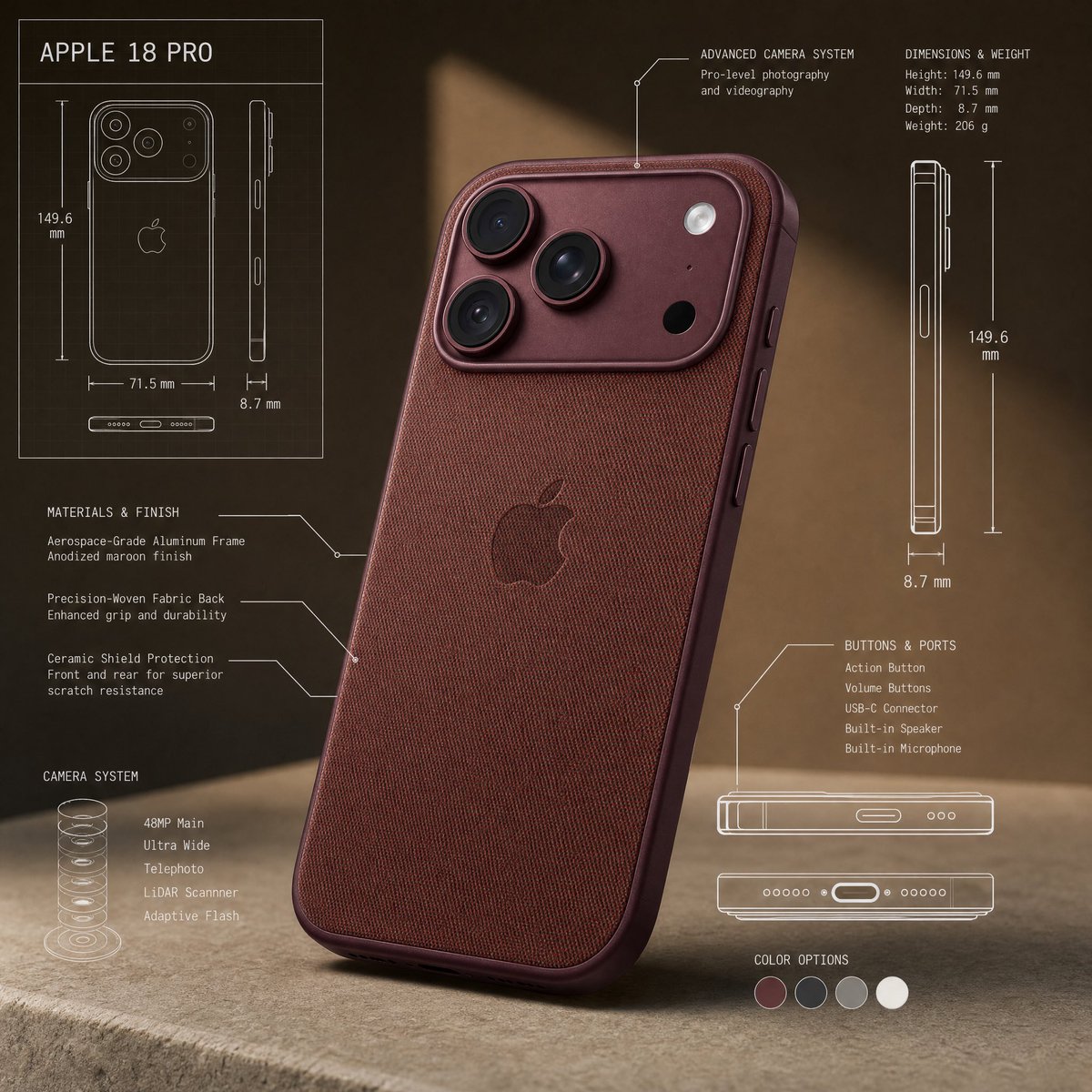 [Apple 18 pro] 的高级技术信息图。 仅使用参考图片来理解物体的形状和结构，不要复制相同的照片、角度、构图或背景。以全新专业且真实的摄影方式重新诠释主体，画面干净、光…