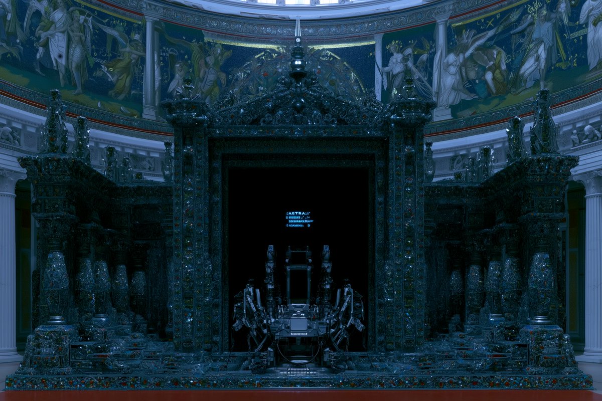 一张对称的广角镜头，画面中是一座由大理石和彩色宝石制成的古希腊宗教祭坛；祭坛正中央有一件神秘的科技装置，装置上有一个小型 ASCII 显示屏，显示着单词 "A…