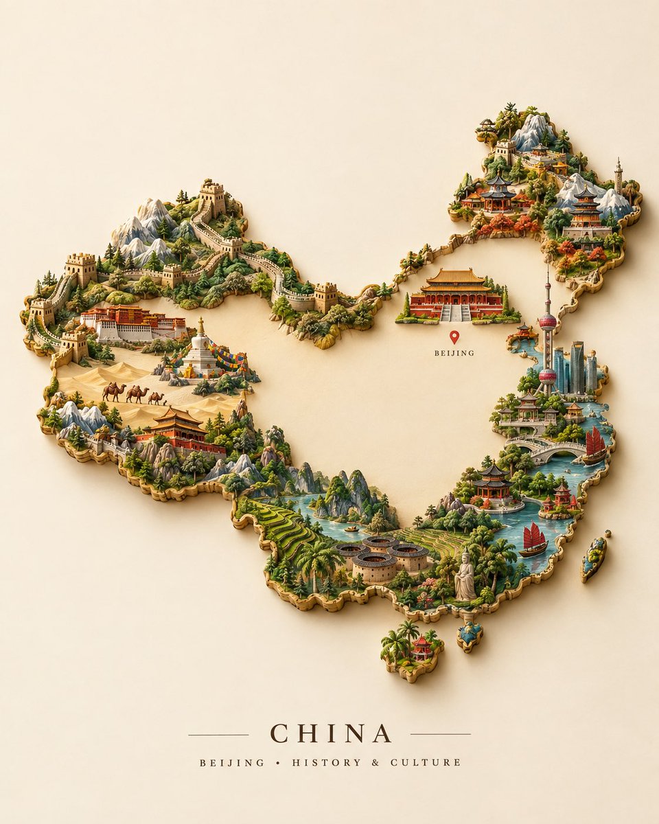 GPT image 2.5 PROMPT 创建一个独特的 3D 微缩 [COUNTRY]，整个国家边界由其最具标志性的地标和文化符号构成。安排著名建筑、纪念碑…