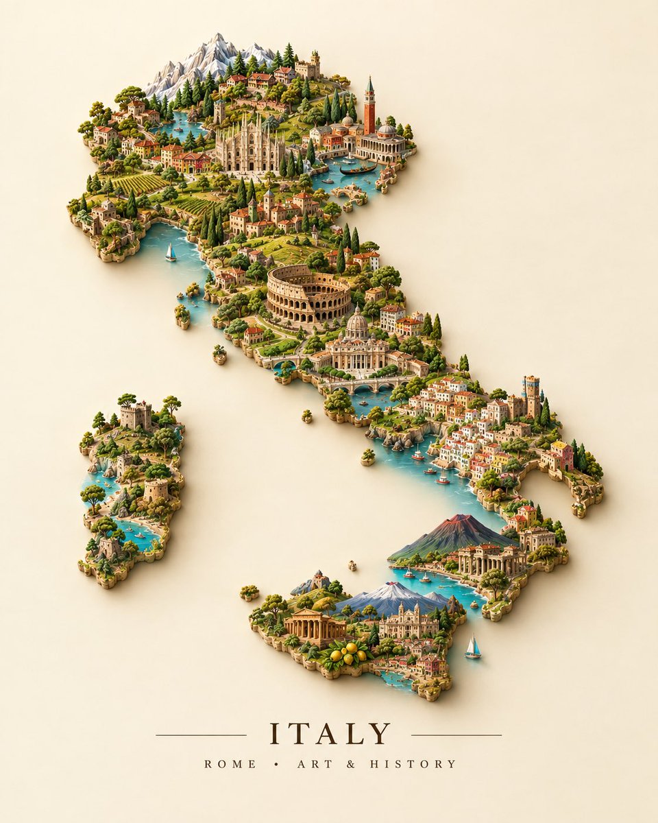 GPT image 2.5 PROMPT 创建一个独特的 3D 微缩 [COUNTRY]，整个国家边界由其最具标志性的地标和文化符号构成。安排著名建筑、纪念碑、桥梁、山脉、寺庙、…