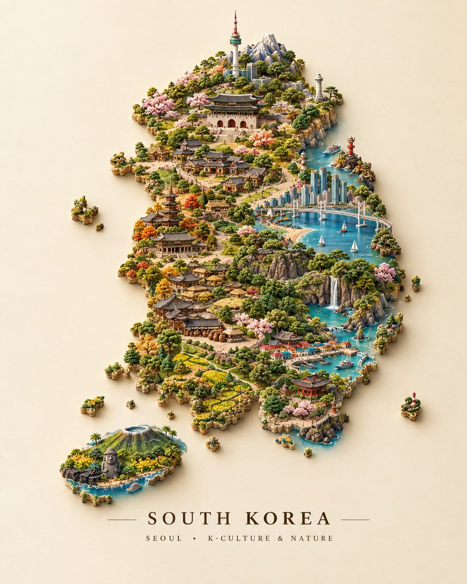GPT image 2.5 PROMPT 创建一个独特的 3D 微缩 [COUNTRY]，整个国家边界由其最具标志性的地标和文化符号构成。安排著名建筑、纪念碑、桥梁、山脉、寺庙、…