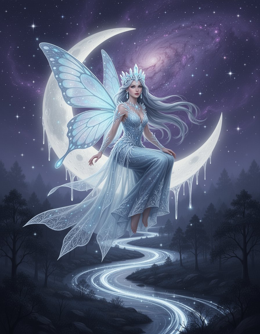杰作，超精细，8k，数字照片级真实感插画，梦幻的夜晚场景，一位空灵的冰蓝色仙女，拥有半透明发光的蝴蝶翅膀，精致的晶体王冠，飘逸的银蓝色长发随风飘动，身穿闪烁的…