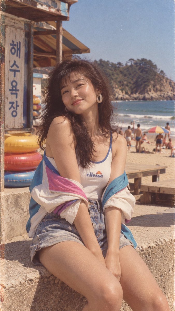 创作一张超写实的复古 1980 年代风格照片,画面中一位明显成年的葡萄牙女性(二十五六岁左右)正在葡萄牙海岸的阳光海滩上享受时光。她拥有自然的地中海/葡萄牙面孔特征,温暖的橄榄色…