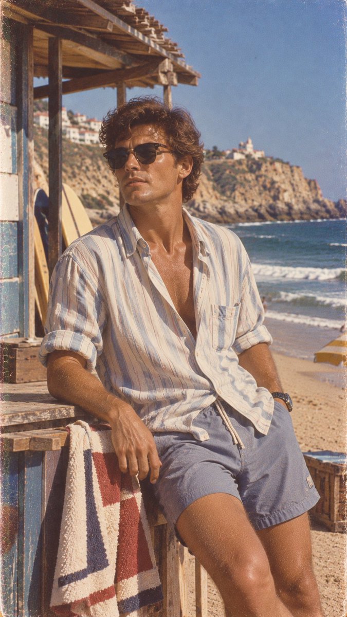 创作一张超写实的复古 1980 年代风格照片,画面中一位明显成年的葡萄牙女性(二十五六岁左右)正在葡萄牙海岸的阳光海滩上享受时光。她拥有自然的地中海/葡萄牙面孔特征,温暖的橄榄色…