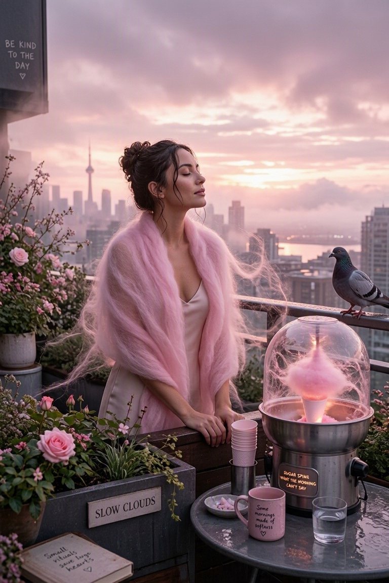拂晓时分,一个屋顶花园中的写实画面。一位女子站在花箱边缘,身披一缕旋转云朵织成的披肩,色彩为柔和的棉花糖粉色,纤维仍在微微飘散。她身旁的桌上有一台棉花糖机嗡嗡作响,糖丝缓缓旋转成…