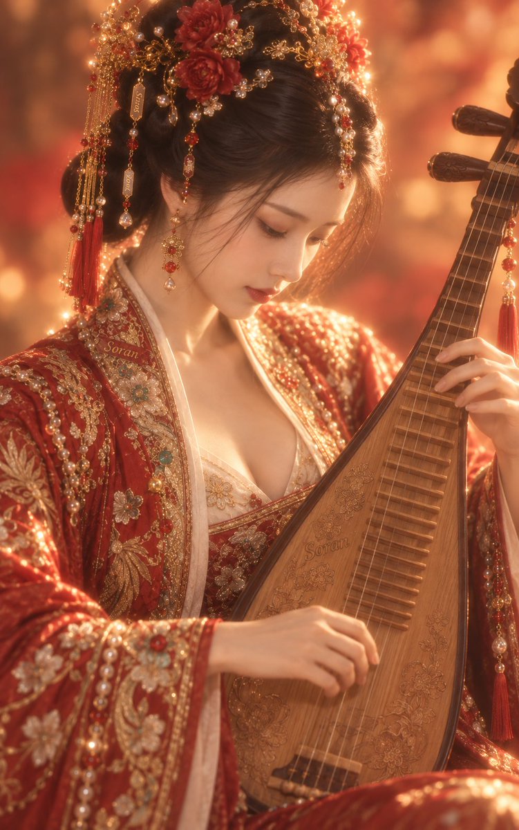 5:8 竖幅，真人写实古风近景人像，成年东亚女性，极近距离胸像构图，人物占据画面大部分区域，身体轻微侧转，头部向右下方低垂，呈清晰的三分之二侧脸，视线自然落向…
