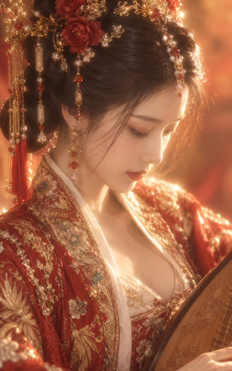 5:8 竖幅,真人写实古风近景人像,成年东亚女性,极近距离胸像构图,人物占据画面大部分区域,身体轻微侧转,头部向右下方低垂,呈清晰的三分之二侧脸,视线自然落向右下近处,全程不看镜…