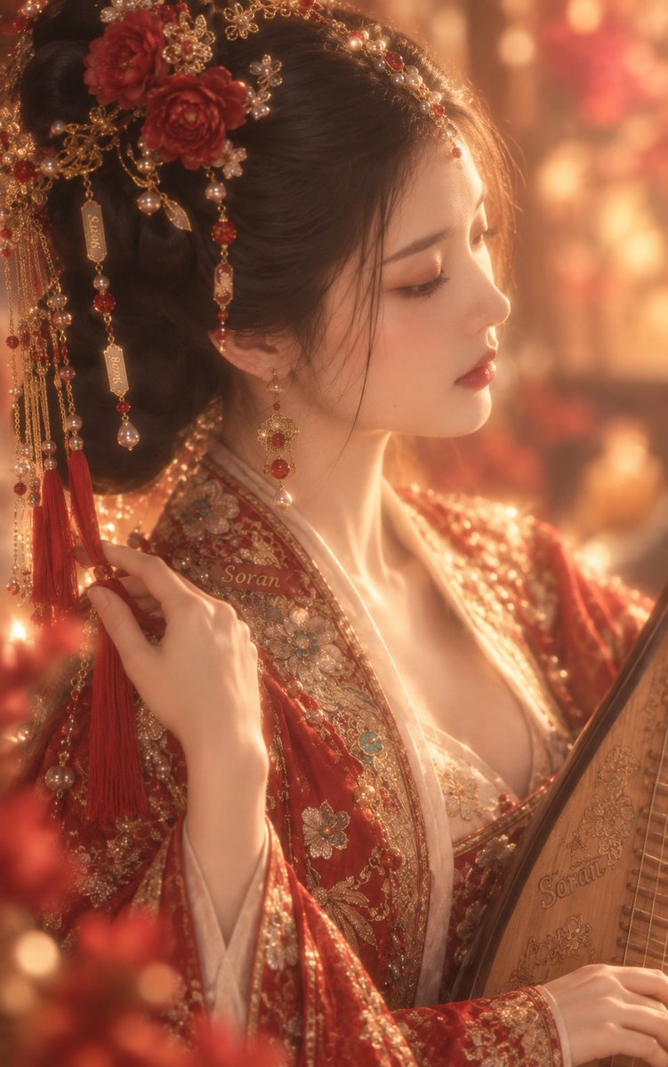 5:8 竖幅,真人写实古风近景人像,成年东亚女性,极近距离胸像构图,人物占据画面大部分区域,身体轻微侧转,头部向右下方低垂,呈清晰的三分之二侧脸,视线自然落向右下近处,全程不看镜…