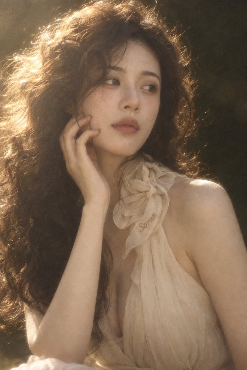 2:3 竖幅，真人写实复古梦幻人像，成年东亚女性近距离胸像，人物身体轻微向右侧转动，头部略微倾斜，脸呈自然三分之二角度。一只手缓慢抬到脸侧，指尖轻触面颊与下颌…