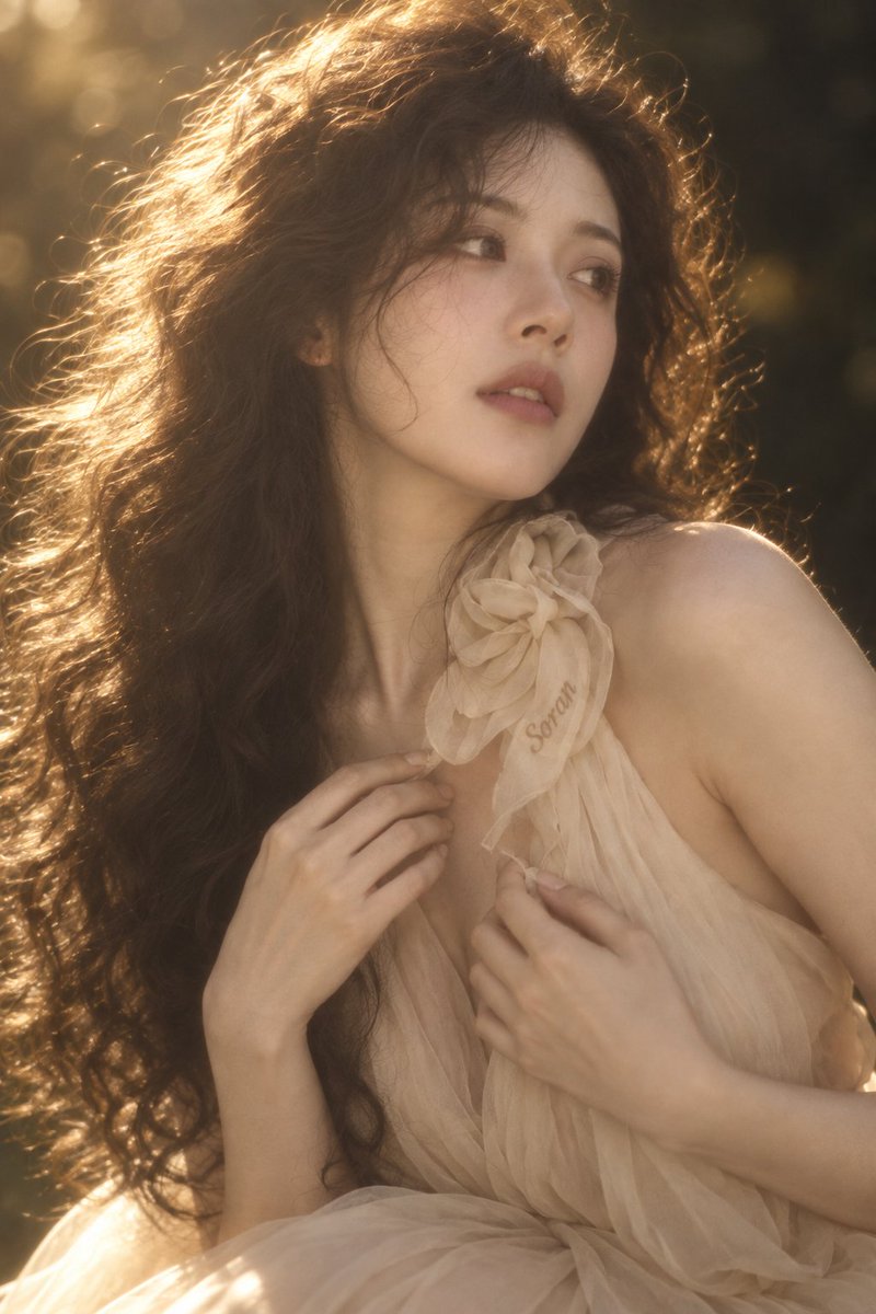2:3 竖幅,真人写实复古梦幻人像,成年东亚女性近距离胸像,人物身体轻微向右侧转动,头部略微倾斜,脸呈自然三分之二角度。一只手缓慢抬到脸侧,指尖轻触面颊与下颌附近,手掌不承托整个…