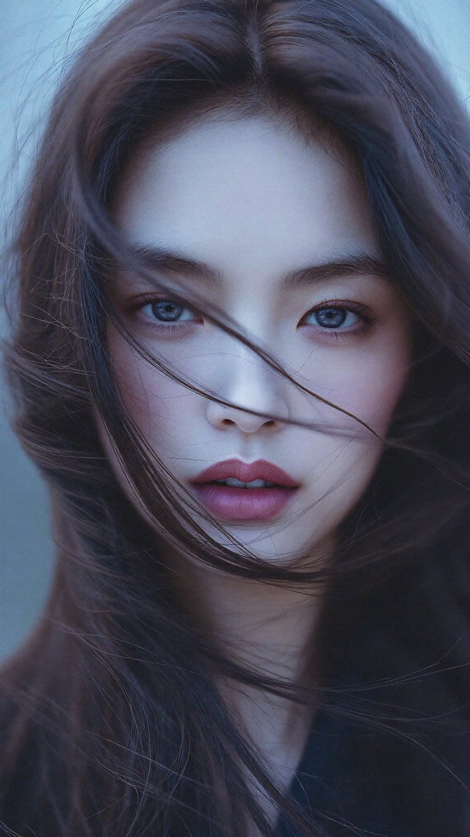 [Higgsfield Soul 2.0 提示词] ar 9:16 2K 电影感的特写肖像：一位年轻的东亚女性，肌肤如瓷般苍白细腻，五官精致典雅。一头浓密蓬松…