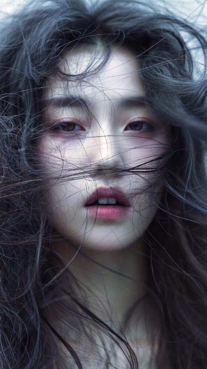 [Higgsfield Soul 2.0 提示词] ar 9:16 2K 电影感的特写肖像：一位年轻的东亚女性，肌肤如瓷般苍白细腻，五官精致典雅。一头浓密蓬松的深烟黑色长发被强风…
