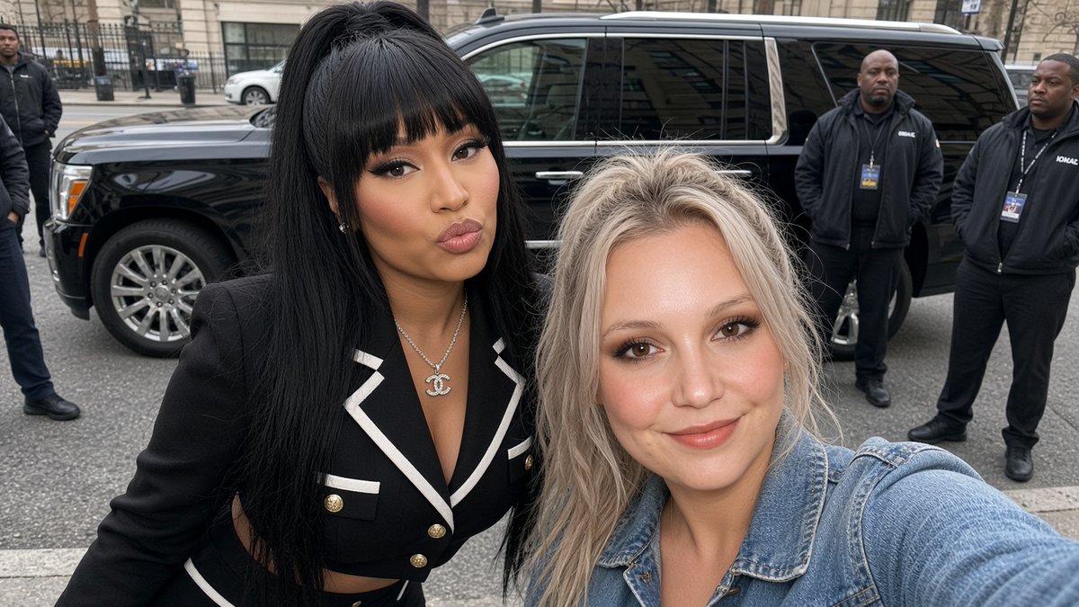 提示词分享 真希望我也在现场！太有趣啦！ 与 @NICKIMINAJ 的自拍 🩷♥️ 仅将上传的照片作为自拍者的精确角色参考。完美保留该主体的面部与身份——相…
