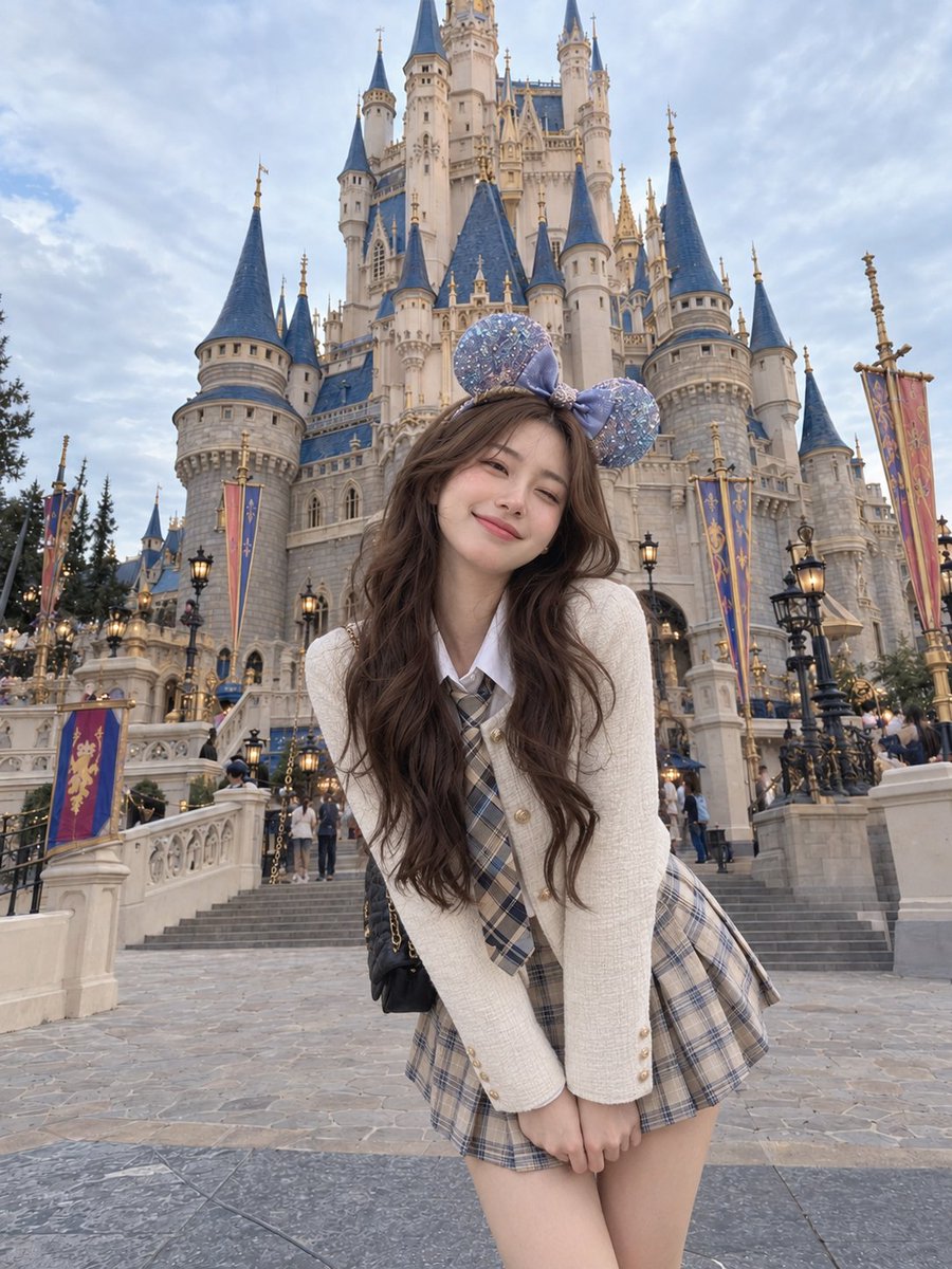 GPT image 2.5 on chatgpt Prompt 一张真实自然的旅行抓拍照片，拍摄一位年轻的东亚女性在童话城堡里度过有趣、神奇的一天。她站在一座…