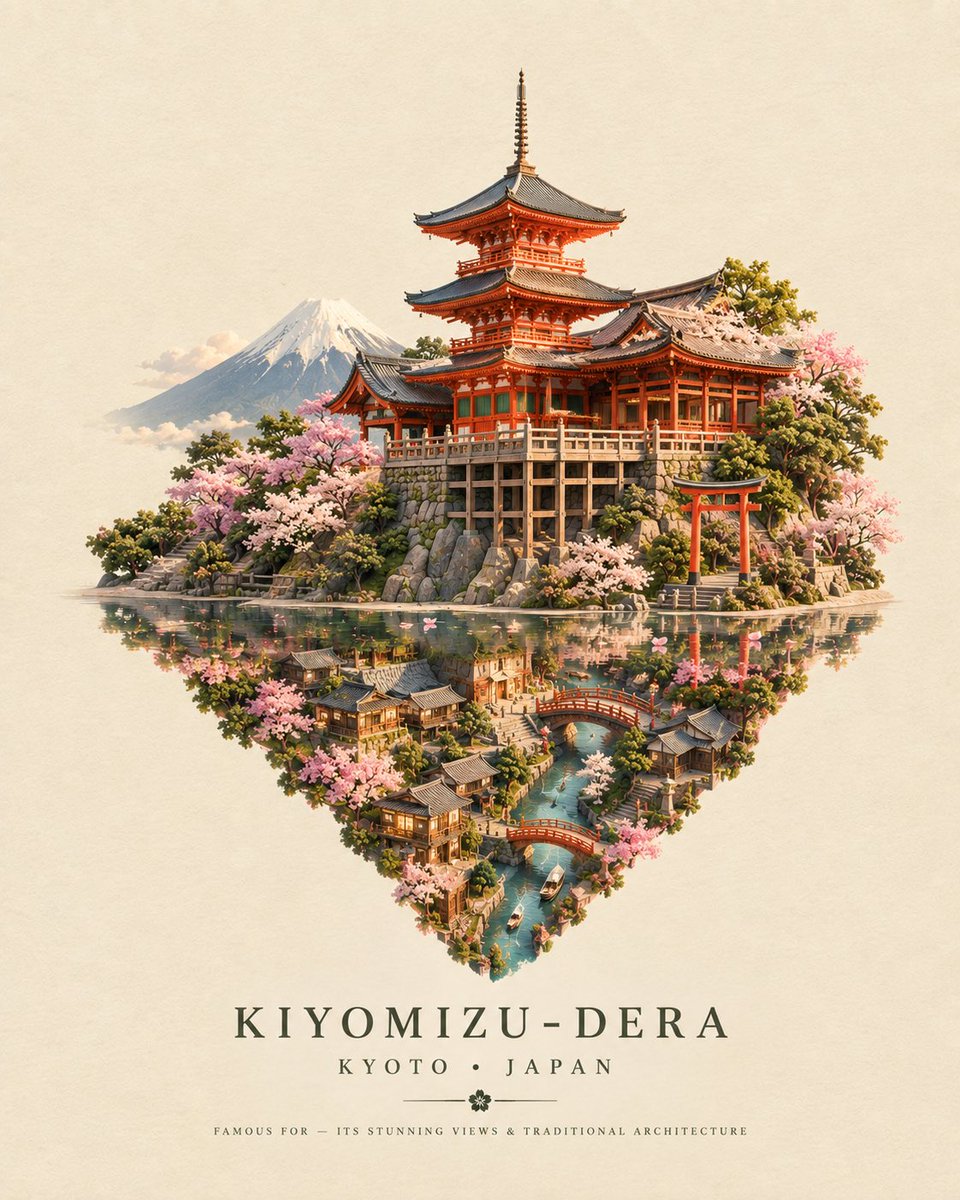 创作一幅精致的超现实旅行艺术作品，以 [ICONIC STRUCTURE]（标志性建筑）、[CITY, COUNTRY]（城市，国家）作为主体。展现该建筑矗立在一面完美反射的表面…