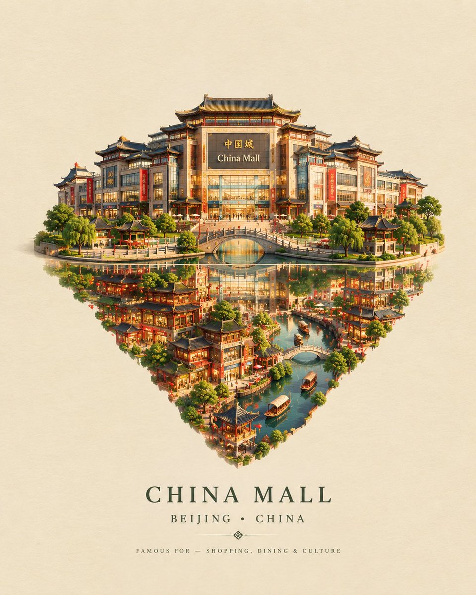 创作一幅精致的超现实旅行艺术作品，以 [ICONIC STRUCTURE]（标志性建筑）、[CITY, COUNTRY]（城市，国家）作为主体。展现该建筑矗立在一面完美反射的表面…