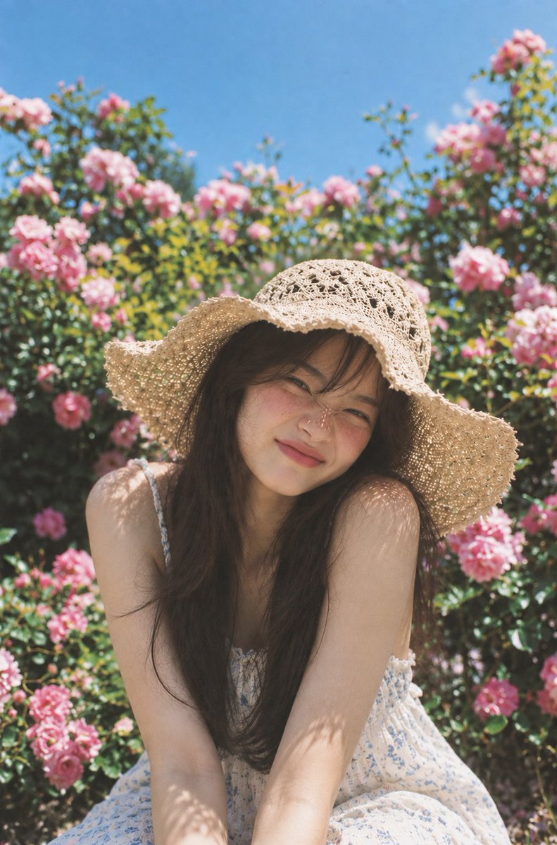 一张高度逼真的抓拍户外人像照，拍摄于一个明亮的夏日午后，一位年轻成年亚洲女性坐在一片郁郁葱葱的玫瑰花园中。她有着长长的、自然松散的深棕色头发，柔和、略带凌乱的发丝垂落在脸颊两侧…