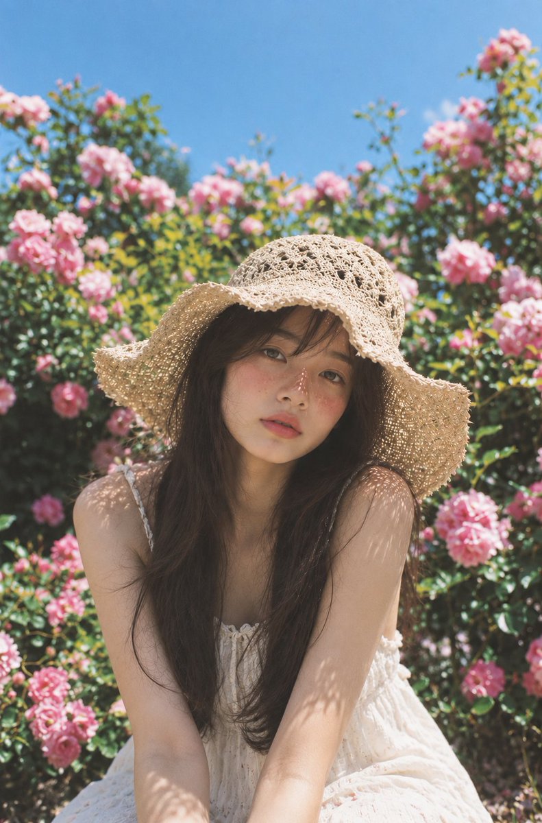 一张高度逼真的抓拍户外人像照，拍摄于一个明亮的夏日午后，一位年轻成年亚洲女性坐在一片郁郁葱葱的玫瑰花园中。她有着长长的、自然松散的深棕色头发，柔和、略带凌乱的发丝垂落在脸颊两侧…