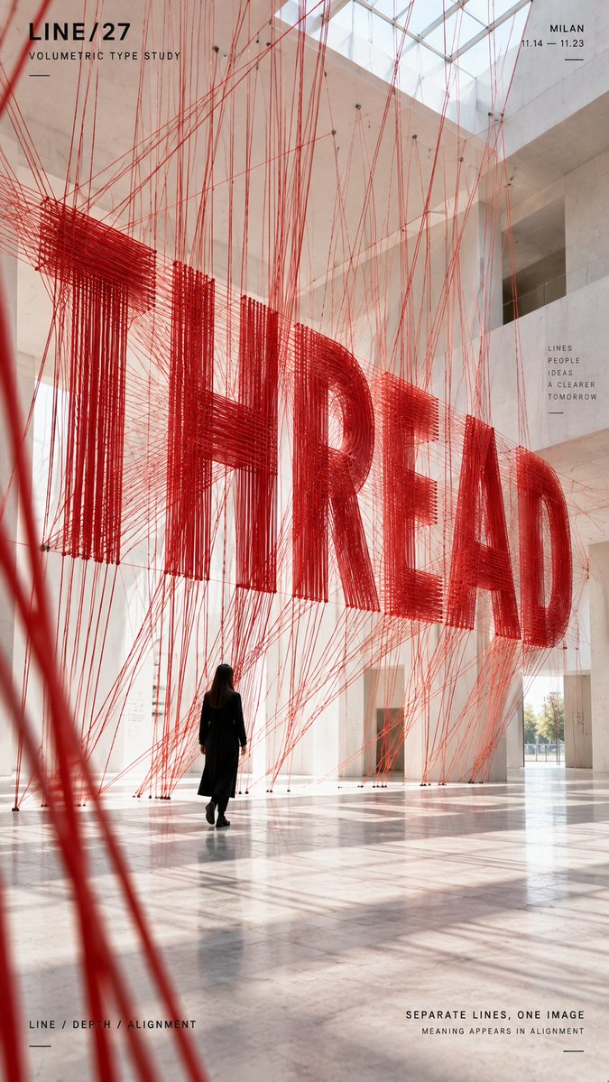 标题：[你的词语] 项目：[品牌 / 展览 / 活动] 媒介：[threads（线）/ points（点）/ volumetric light（体积光）/ moiré layer…