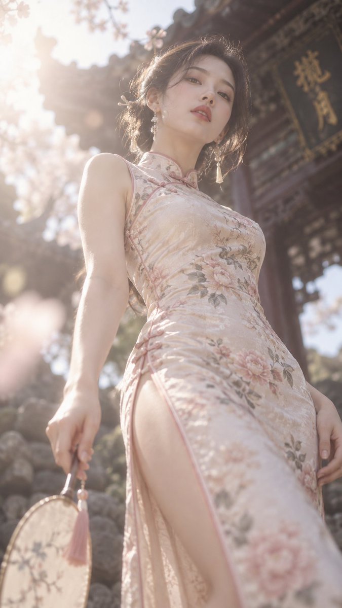 9:16，旗袍，溢出柔和光辉，梦幻模糊，仰视低角度镜头，纤细高挑模特 https://t.co/q3NqKb96Sb