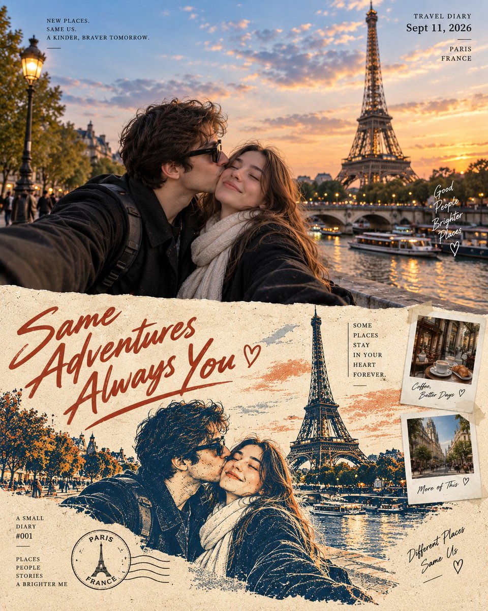 Create a vertical 4:5 cinematic travel-diary poster built around one beautiful…