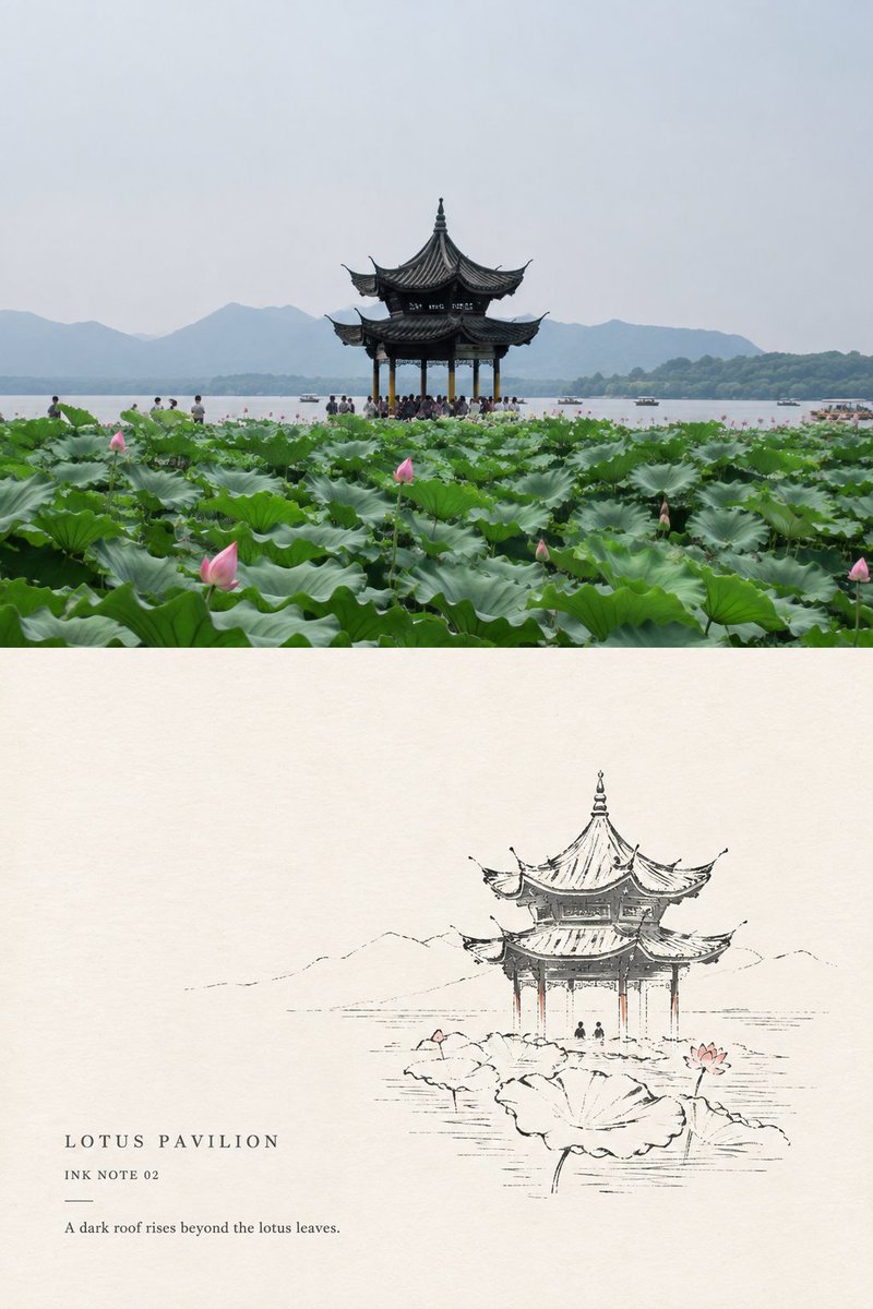 请将我上传的每一张旅行照片分别制作成一张独立的「极简墨线风景小笺」对比海报，不多图拼接，每张照片单独输出。 整体采用3:4竖版构图，明确保留“上方原始照片、下方风格转绘”的视觉对…