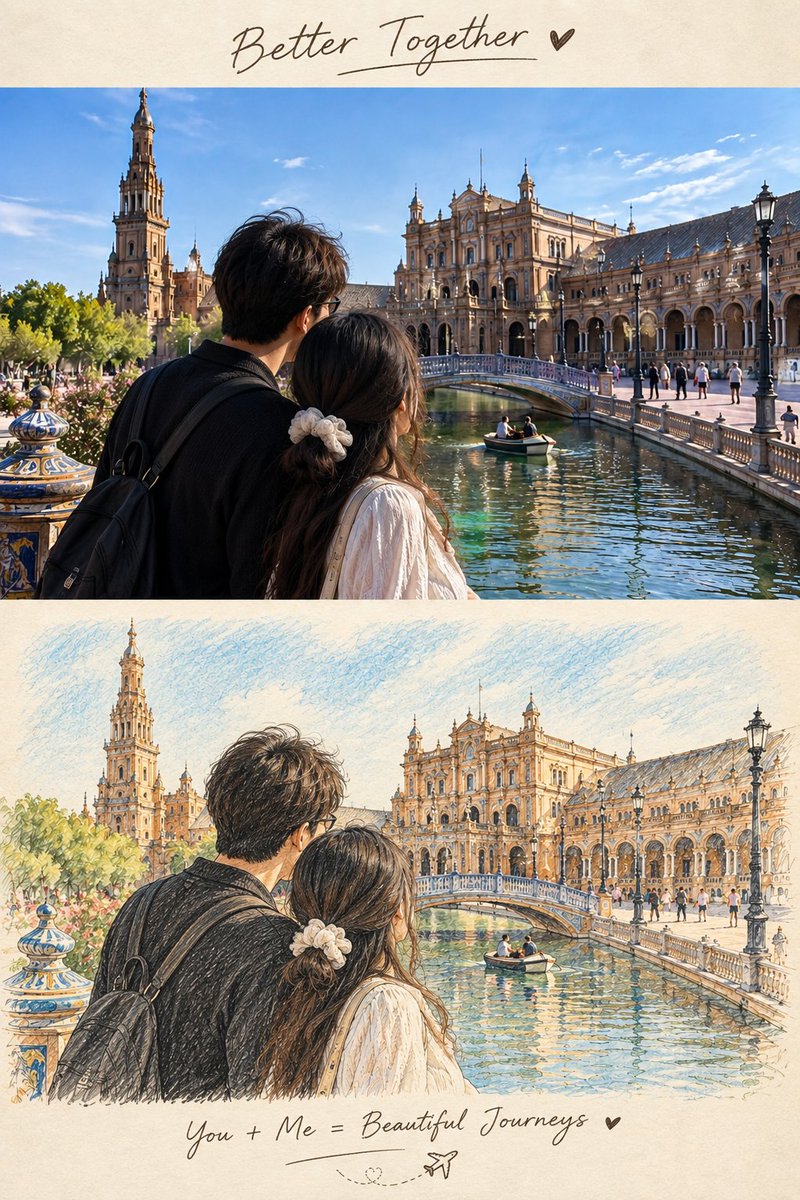 创建一个高级的竖版旅行日记海报，采用精确的 50/50 对半分割布局。 上半部分（50%）：完全保留原始参考照片的真实感与原样 —— 保持相同的构图、建筑、人…