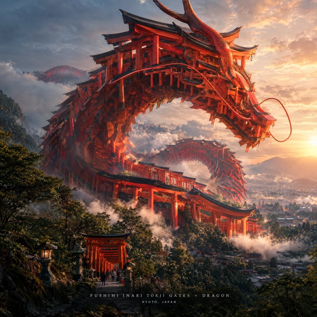 创建一幅壮观的 4:5 竖版电影感艺术作品，将 [FAMOUS STRUCTURE]（著名建筑）变形成一个 [OBJECT]（物体）的巨型版本，同时使其原本的建筑身份仍然一眼可辨…