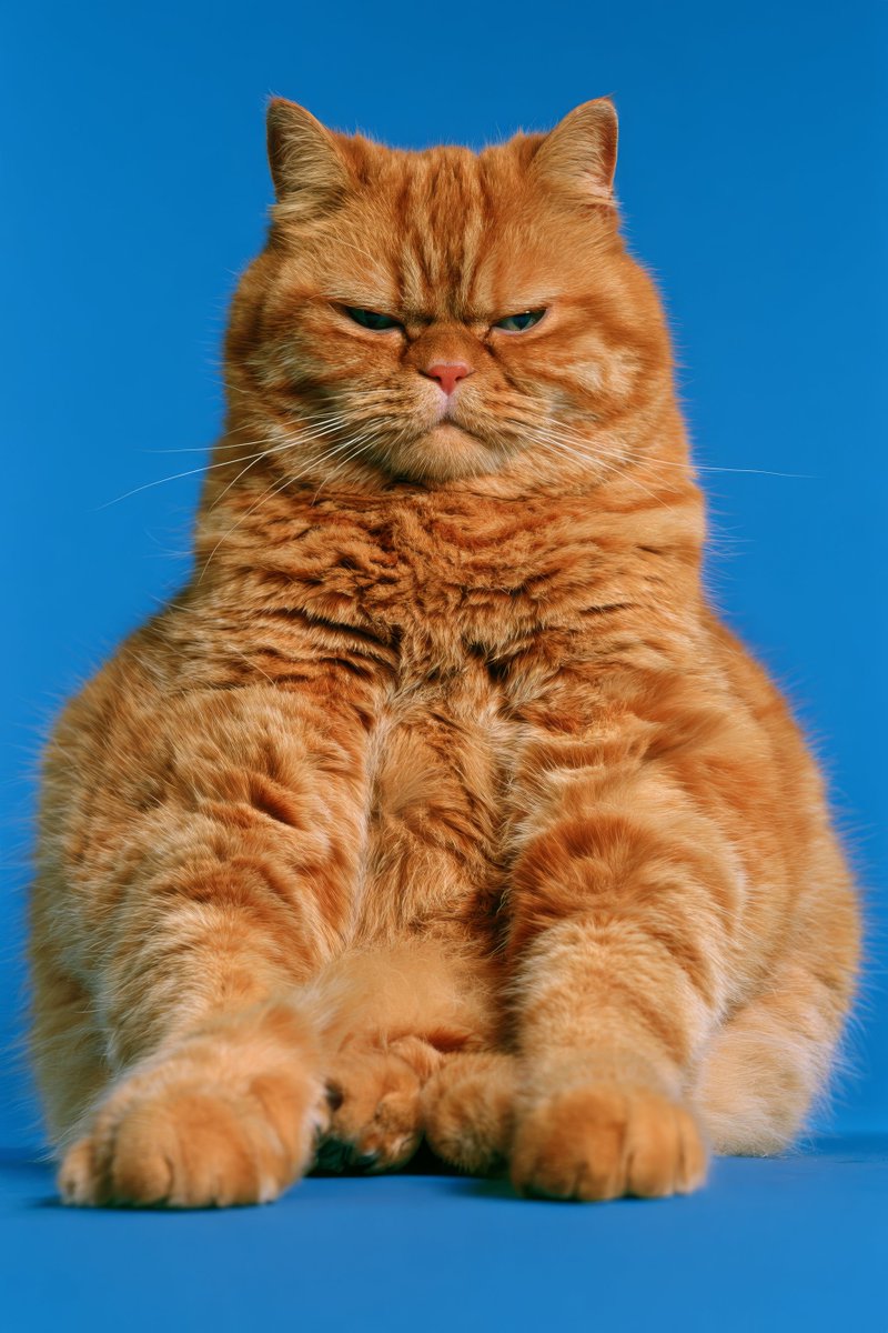 一场前卫高端时尚摄影，拍摄一只肥胖、体格壮实的橙色虎斑猫，让人联想到加菲猫，以全身姿态呈现。采用严苛的地面高度虫眼视角拍摄，巨大、蓬松的爪子向外伸出，超出画面下边缘。电光群青蓝背…