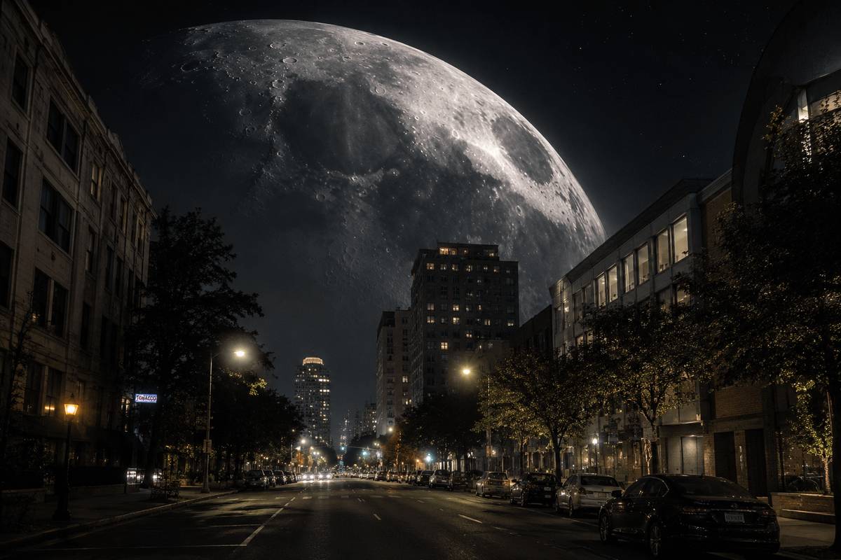 { "title": "月亮在注视", "image_description": "夜晚一条普通的城市街道。月亮占据了半边天空,看起来恐怖地近。", "cin…