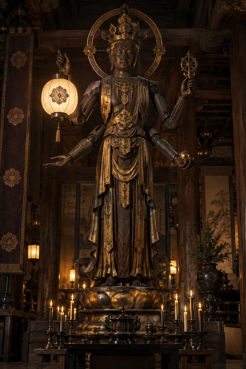 逼真的神社内部。一座站立的自动机械，由深色桧木与金箔制成，四臂，手持一盏真正的纸灯笼，关节为烧黑的铁。无人。其脚边有一簇蜡烛，金光闪烁。配色：桧木、金箔、铁、…