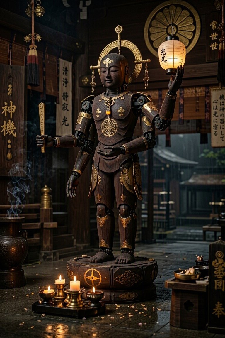逼真的神社内部。一座站立的自动机械,由深色桧木与金箔制成,四臂,手持一盏真正的纸灯笼,关节为烧黑的铁。无人。其脚边有一簇蜡烛,金光闪烁。配色:桧木、金箔、铁、灯笼暖光、雪松阴影…