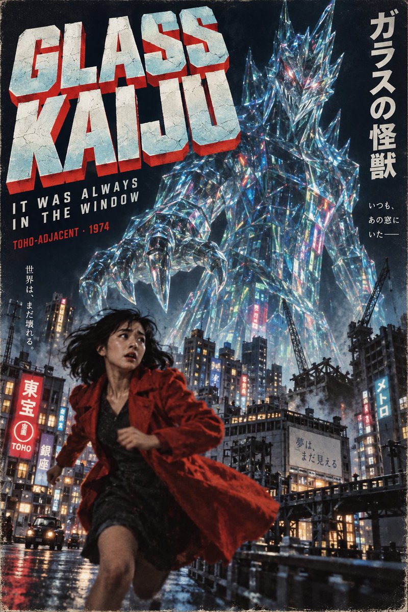 一幅日本怪兽电影海报，插画风格，微缩夜景城市。画面前景中一位身穿红色大衣的女子正在奔跑；她身后是一只透明玻璃怪兽，高耸如教堂，正折射着霓虹灯光。巨大的片假名风…