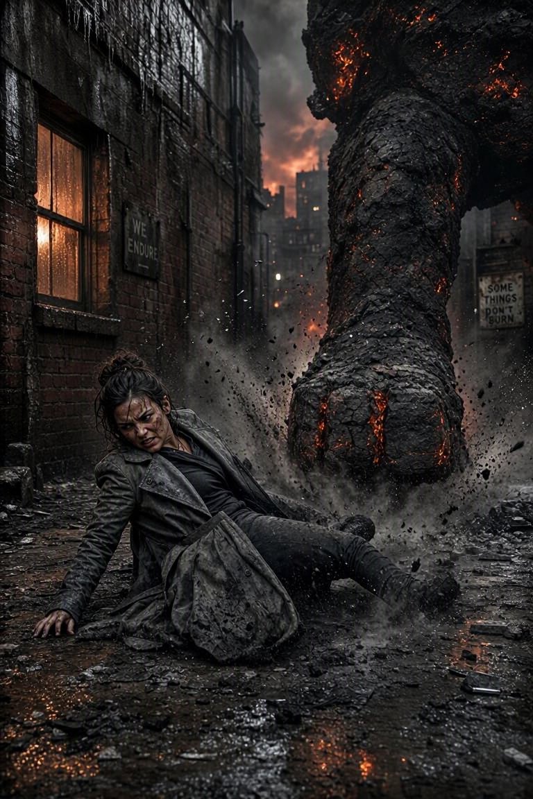 写实的巷战动作场景。一个身穿灰色外套的女人侧身滑地,从一个由压实的木灰与煤渣构成的巨像(歌利亚)踏下的脚下穿过;那只脚有一米宽,灰烬呈环形爆开。砖墙,一面亮着灯的窗户。配色:灰烬…