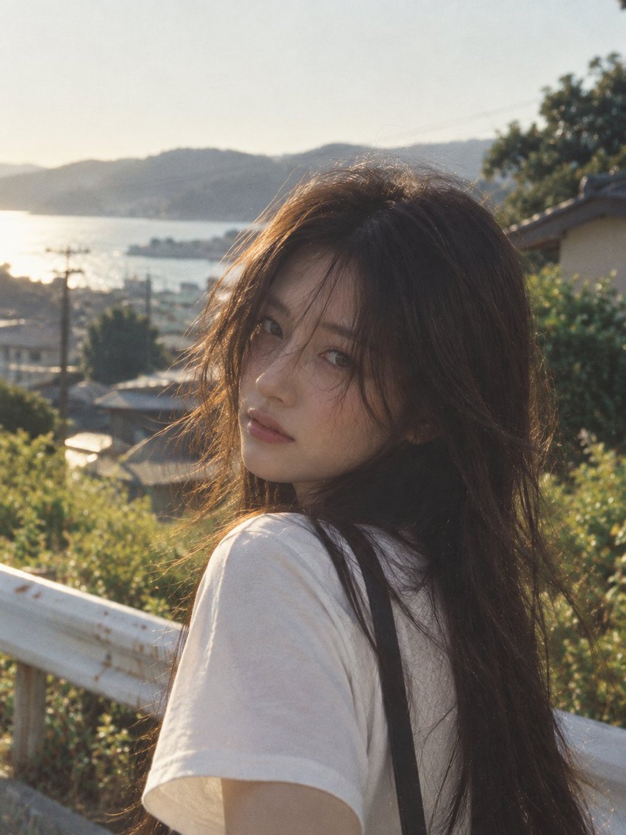 一张高度照片级写实的抓拍户外人像肖像：一位全新的年轻成年亚洲女性，在黄金时段伫立在一处宁静的海岸山坡上。她拥有长而自然蓬松的深棕色头发，被海风微微吹乱，丝丝缕…