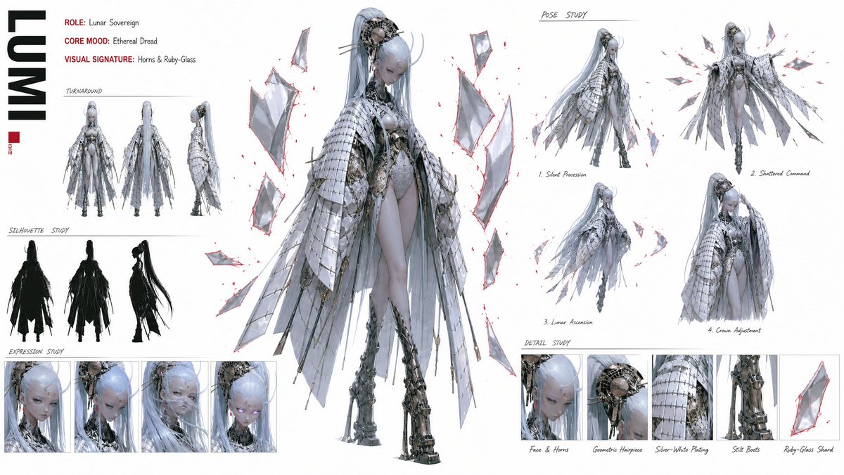 在纯白背景上以 16:9 宽屏布局创建一份高级、现代高定时装 CHARACTER CONCEPT ART SHEET（角色概念设定图）。所附参考图定义了艺术风…