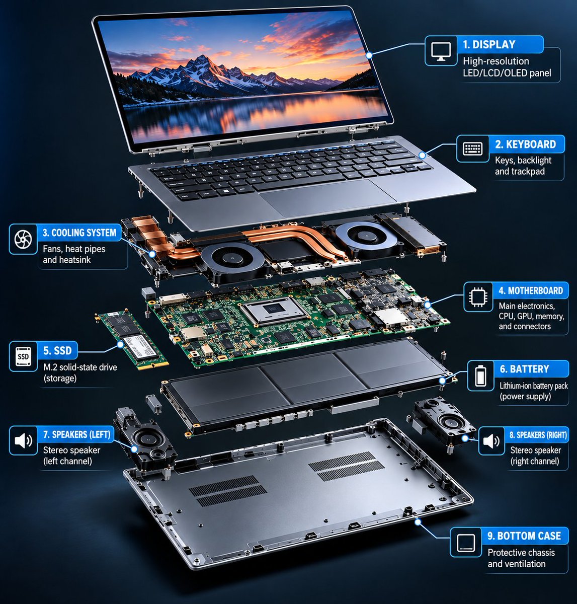 /exploded view of a modern laptop showing the display, keyboard, battery, motherboard, co…