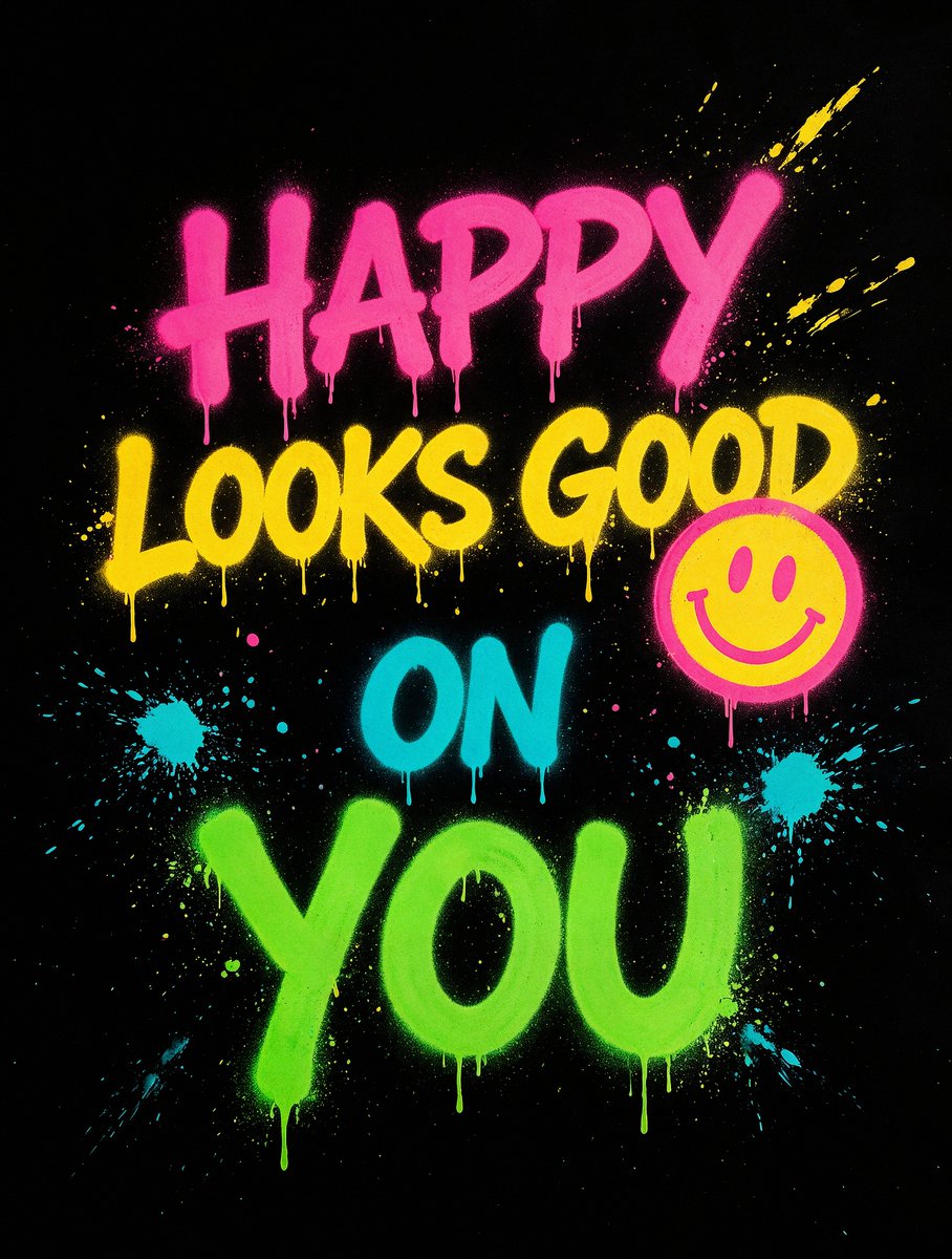 黑色背景配以粗体清晰、喷漆涂鸦风格的文字，内容为 'HAPPY LOOKS GOOD ON YOU'，高对比度图形海报风格，动感的不对称布局，鲜艳的霓虹色喷漆…