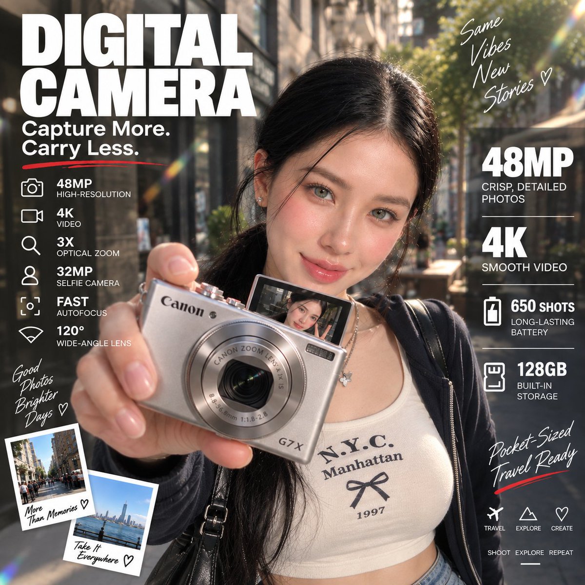 创作一张高端、照片写实风格的数码相机广告海报，采用大胆现代的编辑设计风格。 一位年轻东亚女性，长直黑发，站在一条美丽的阳光明媚的城市街道上。她拥有真实的五官、…